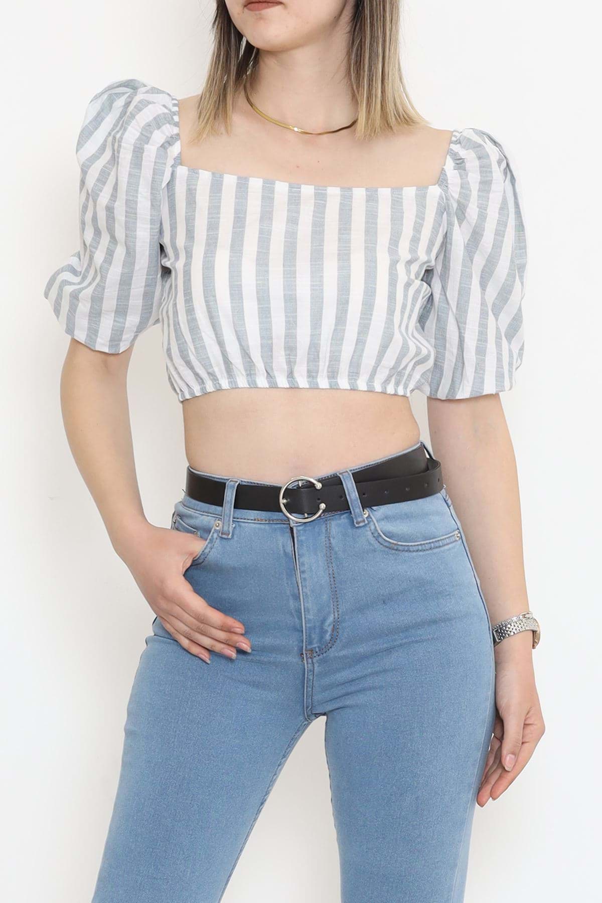 Çizgili Crop Bluz Gribeyaz - 18423.631. resmi