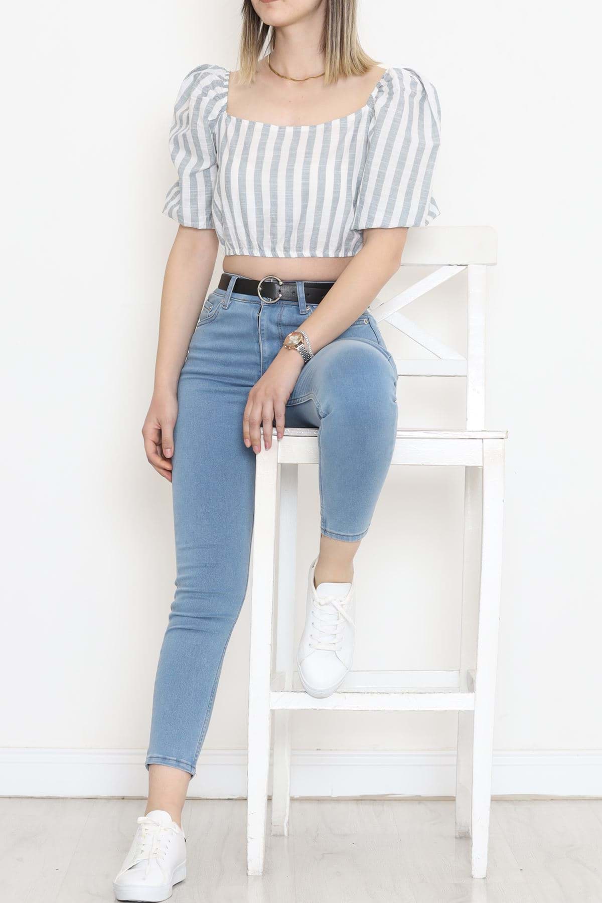 Çizgili Crop Bluz Gribeyaz - 18423.631. resmi