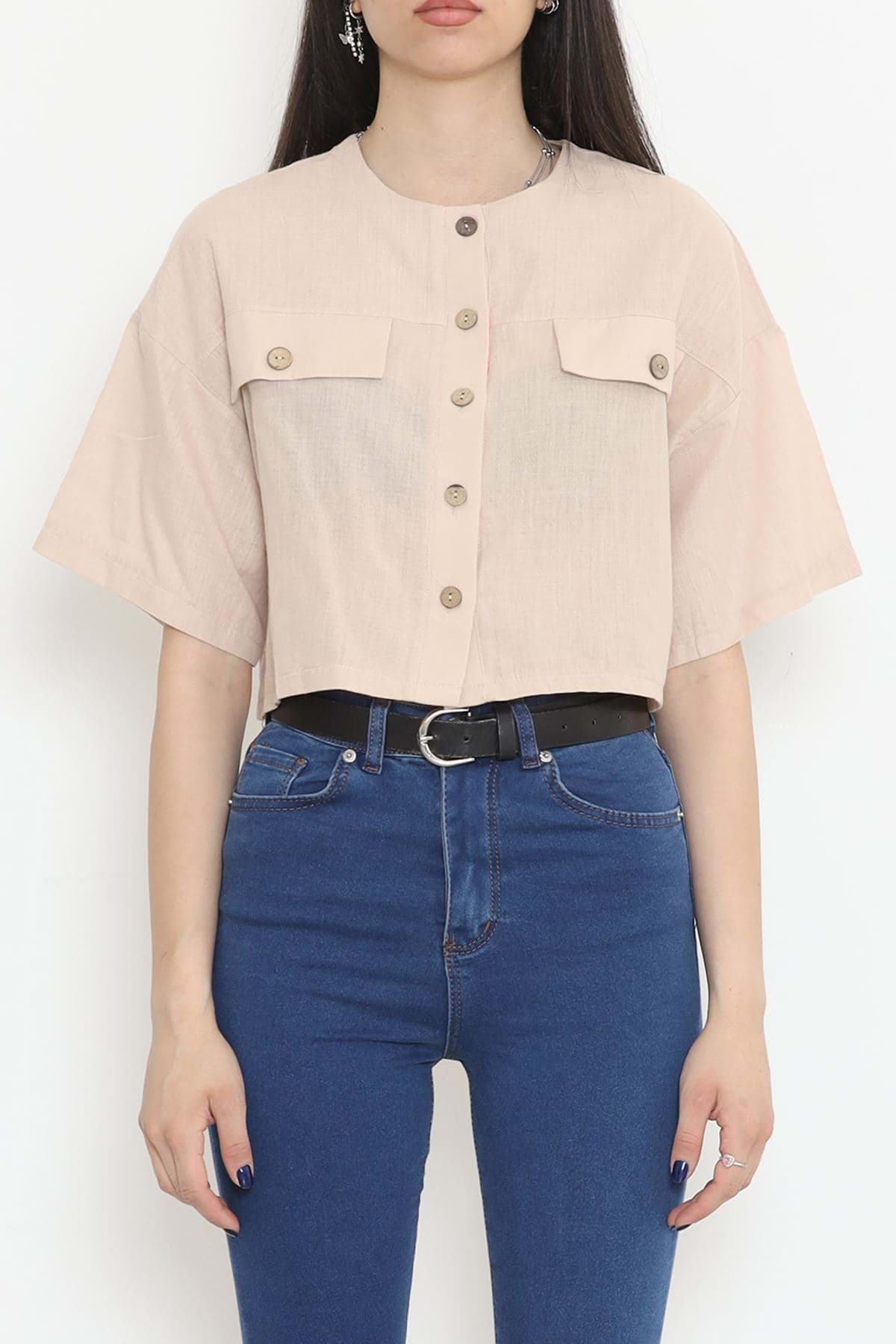 Düğmeli Cepli Bluz Sütlükahve - 18413.631. resmi