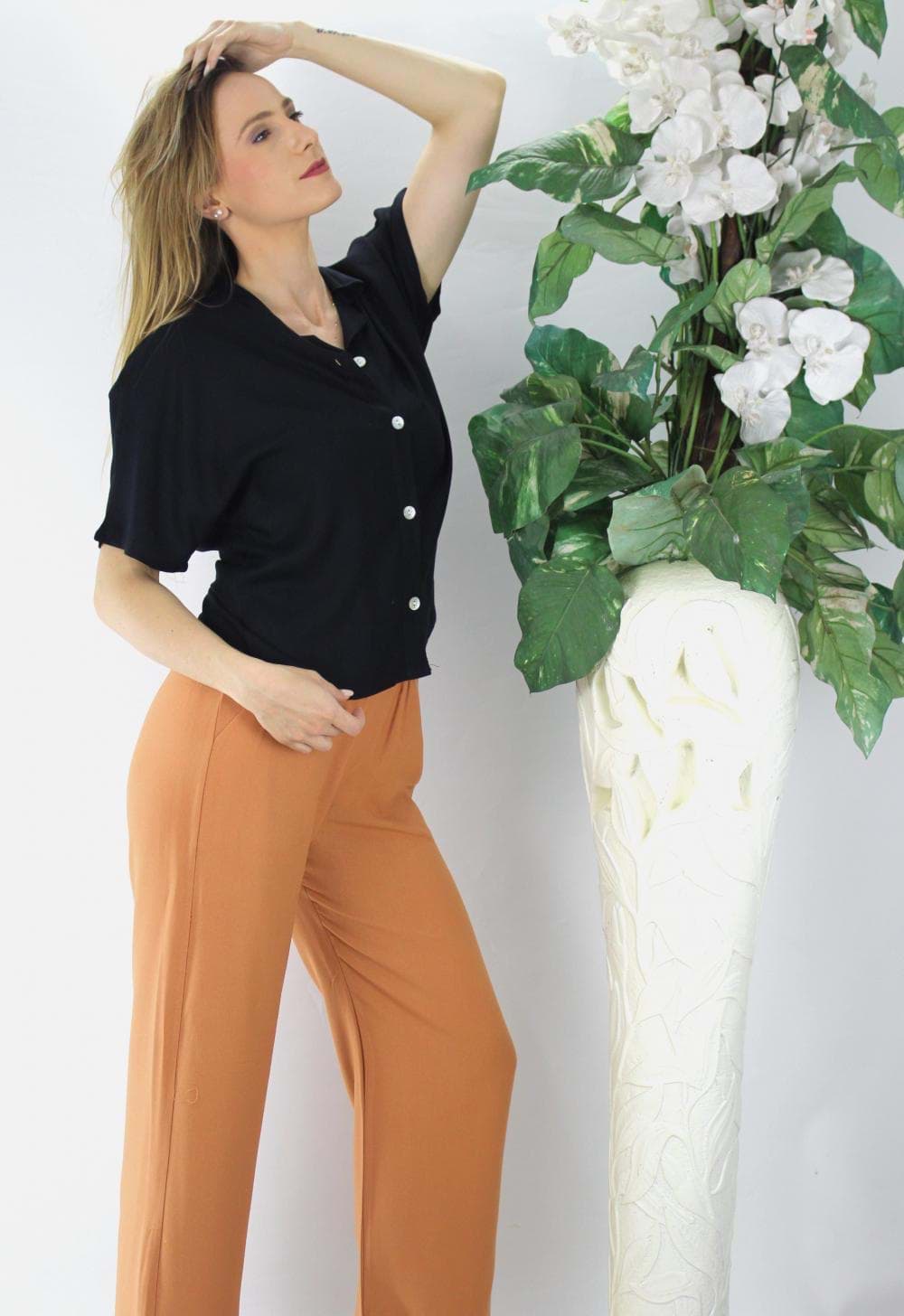 Sedef Düğmeli Krep Gömlek Siyah - 1288.65 resmi