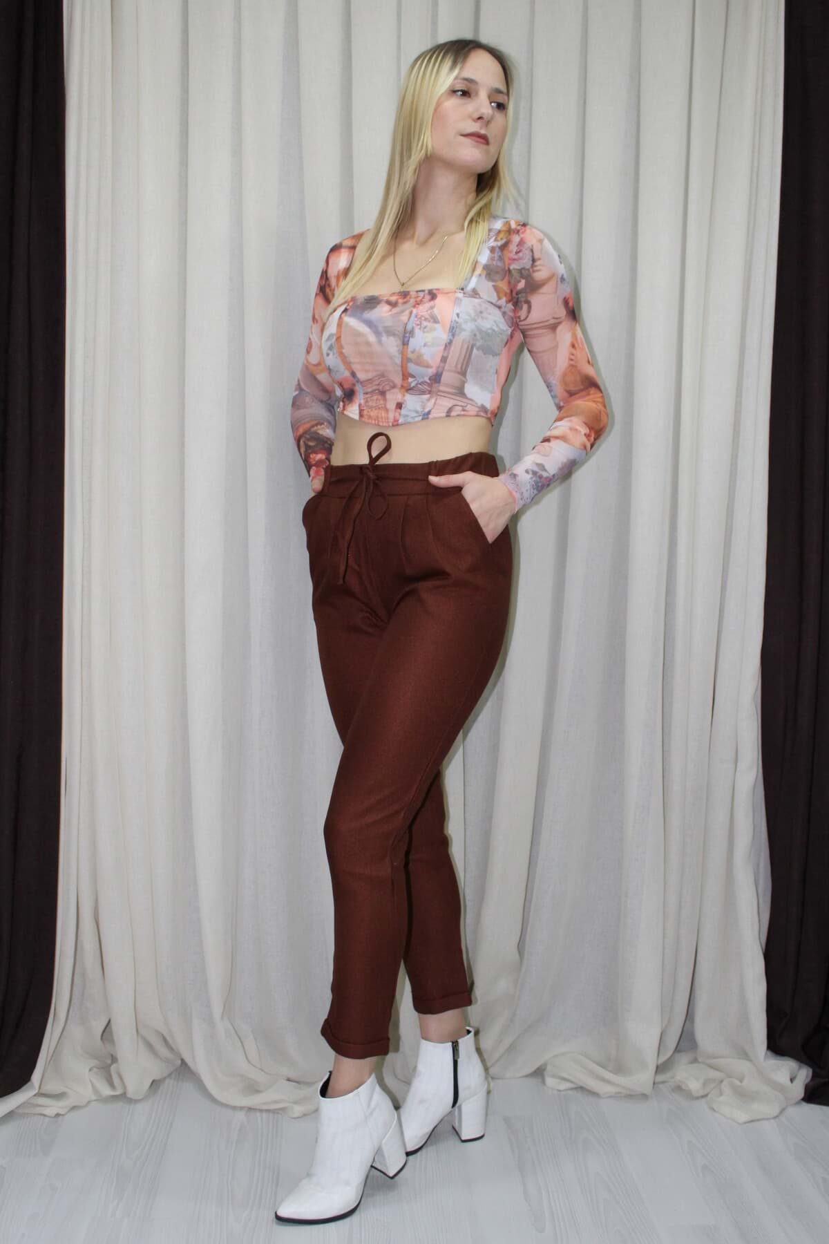 Duble Paça Yün Efekt Pantolon Taba - 1362 resmi