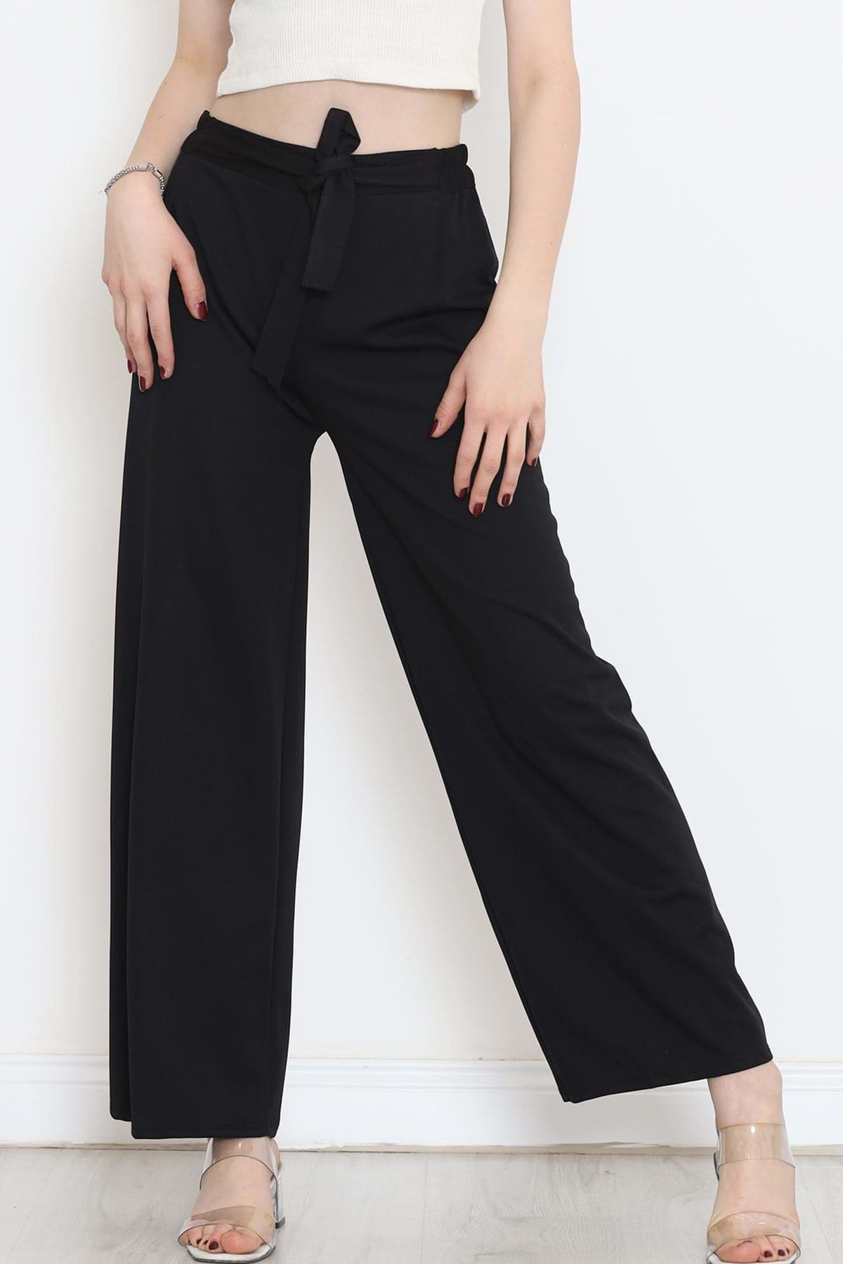 Krep Kemerli Bol Paça Pantolon Siyah - 152427.1778. resmi