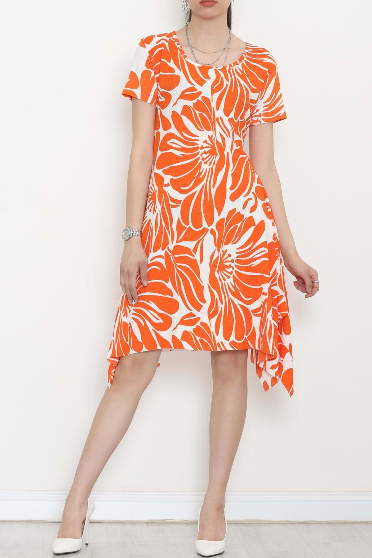 Picture of Bicycle collar asymmetric dress orange ecru - 2488.555.