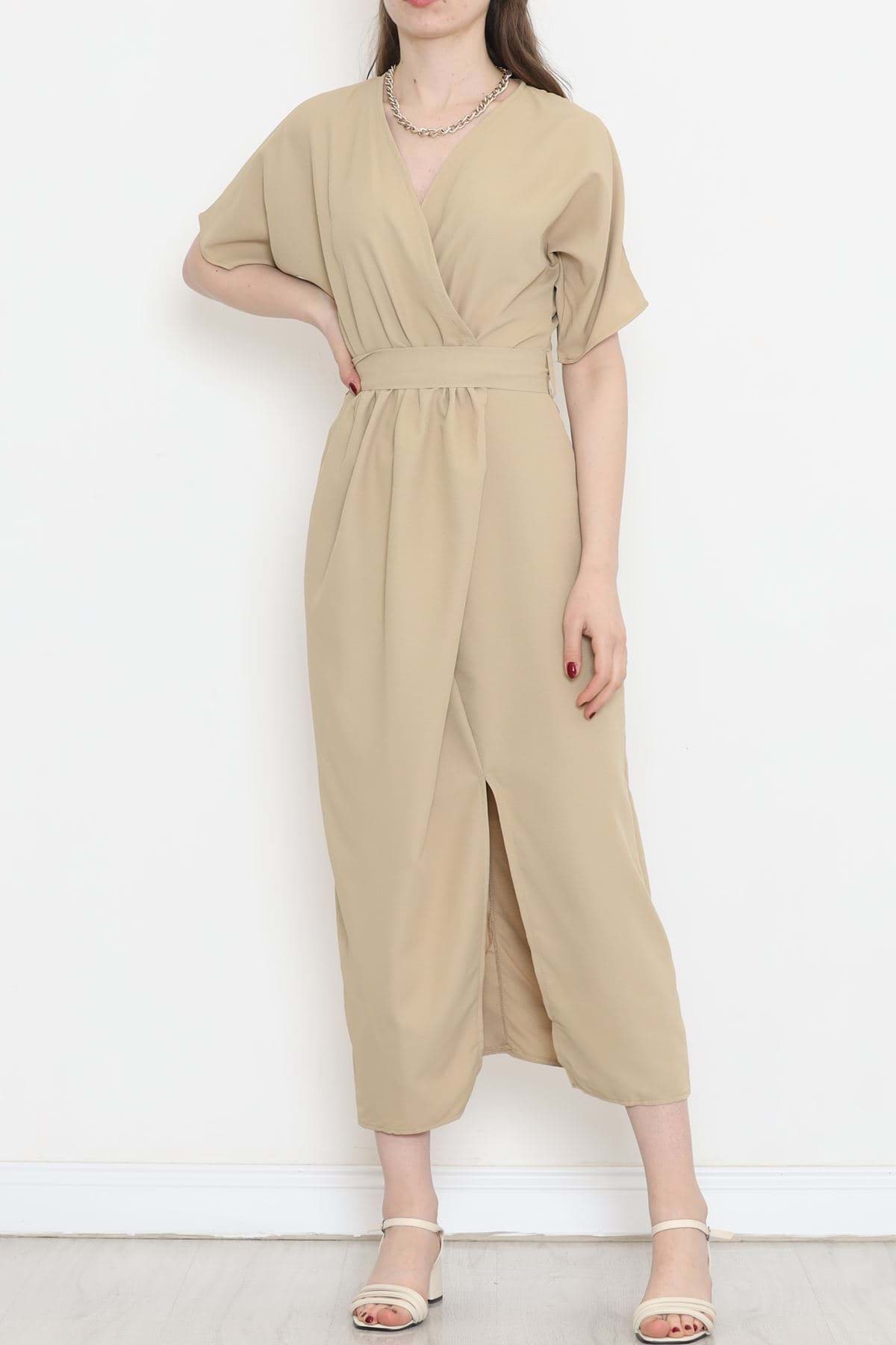 Kruvaze Yaka Kuşaklı Elbise Bej - 152445.701. resmi