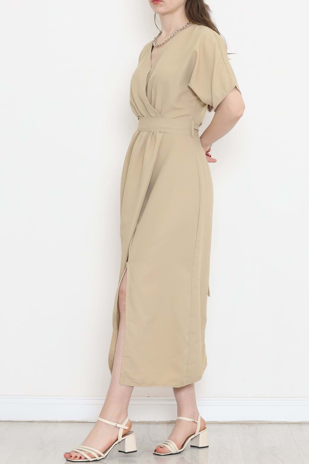 Kruvaze Yaka Kuşaklı Elbise Bej - 152445.701. resmi