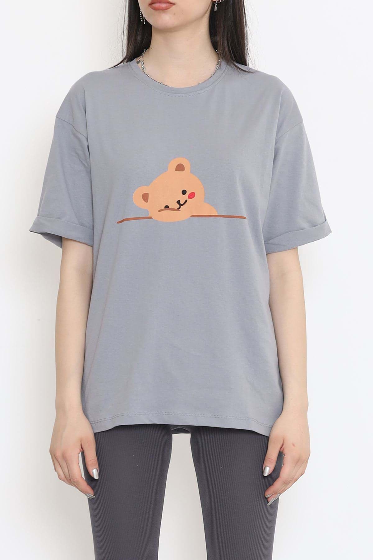 Duble Kol Baskılı Tişört Koyugri - 16533.1567. resmi