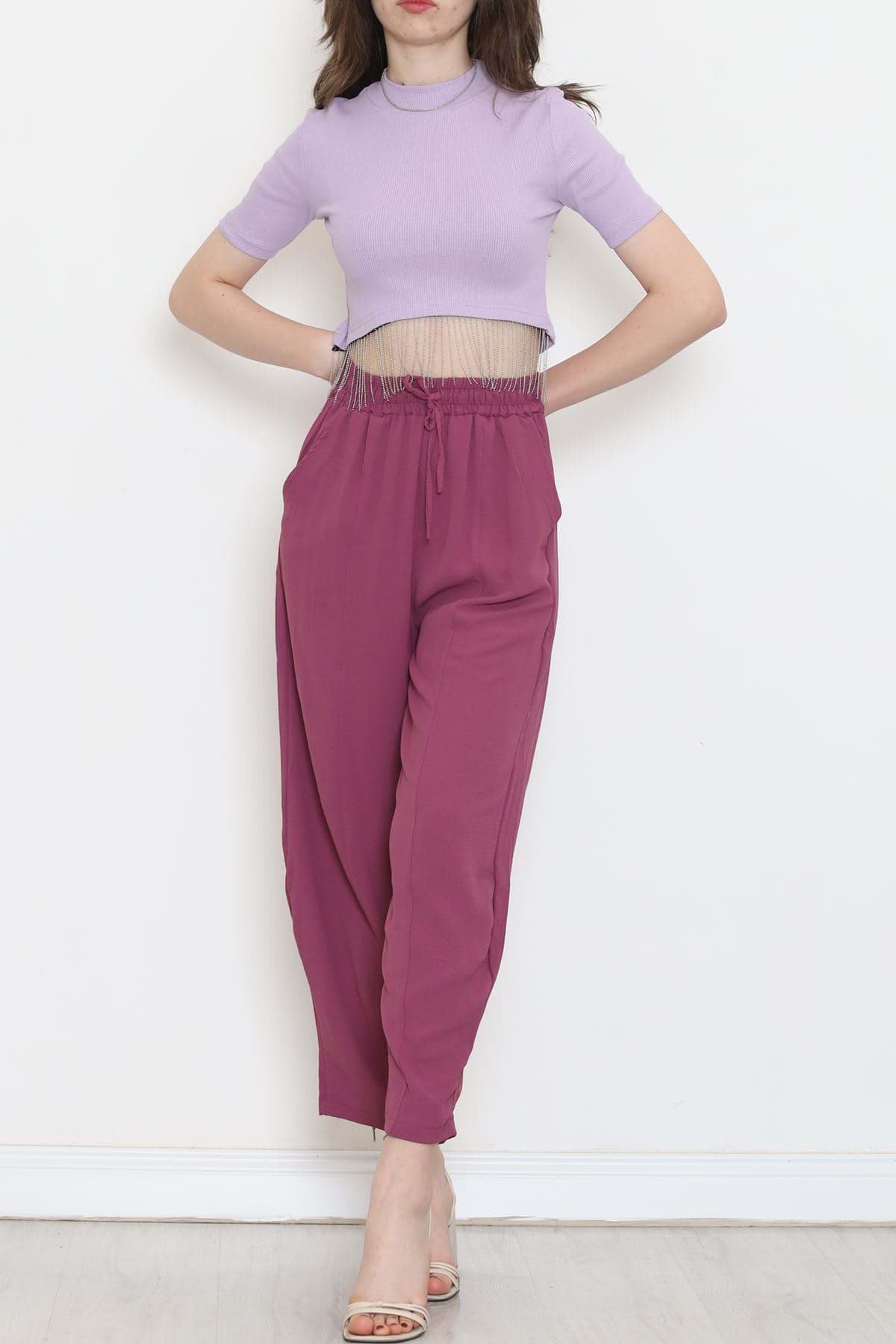 Altı Saçaklı Crop Tişört Lila1 - 80193.1059. resmi