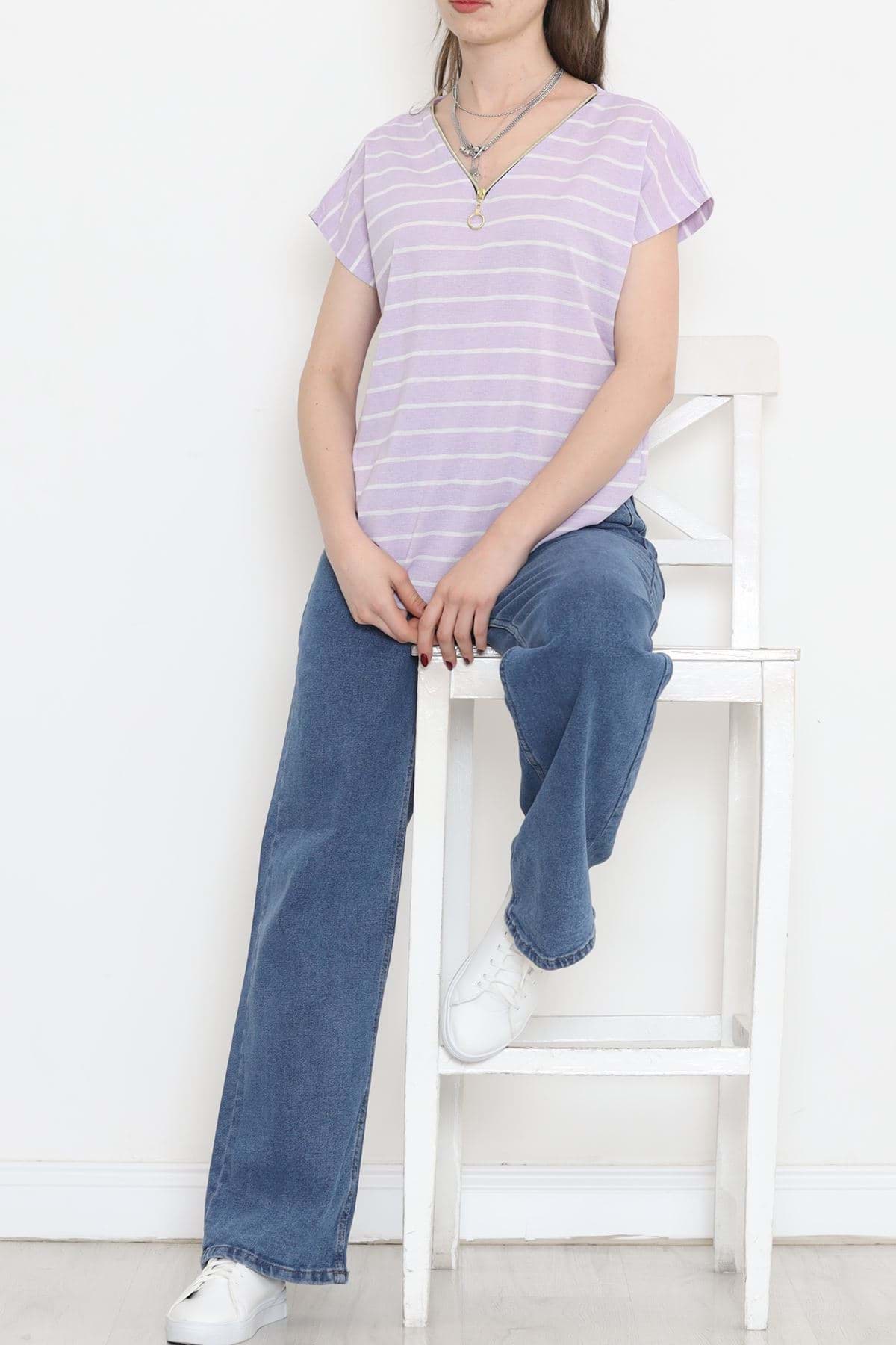 Fermuarlı Çizgili Tişört Lila - 9657.1567. resmi