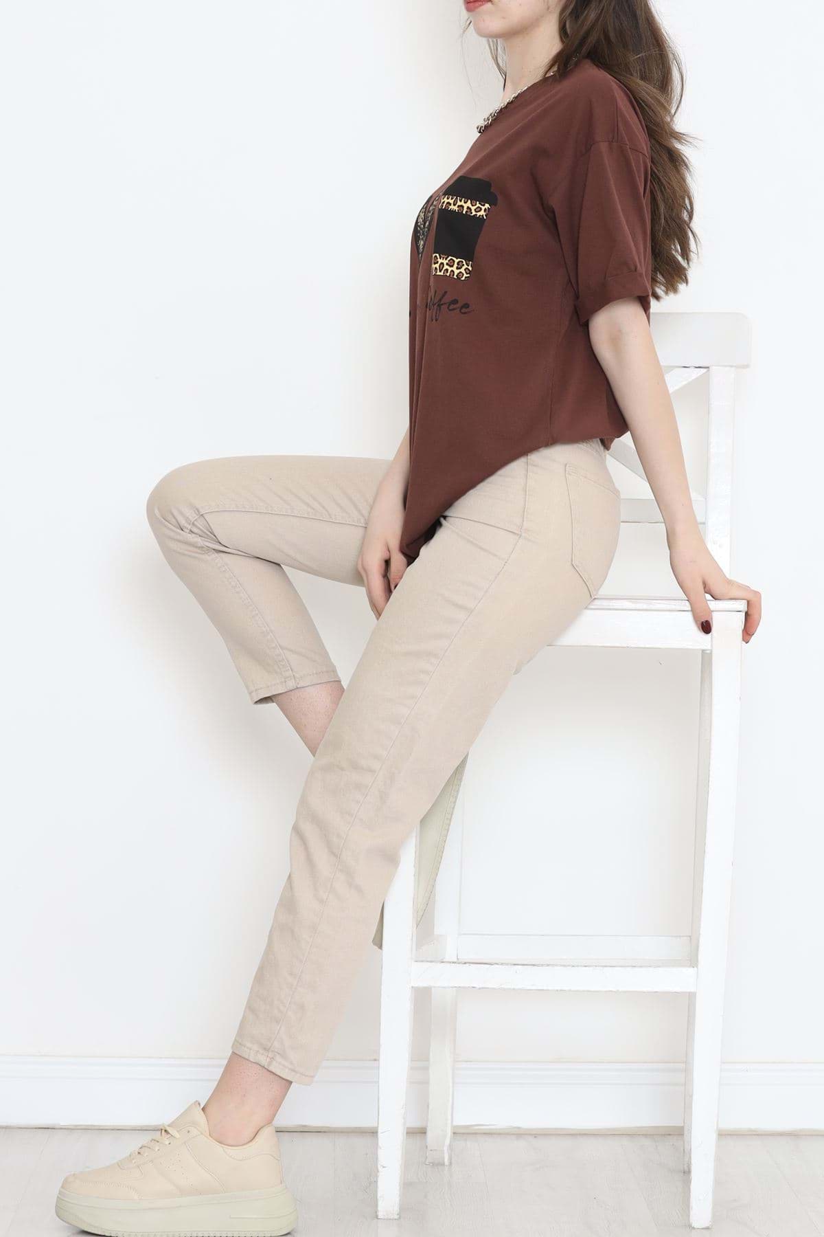 Baskılı Duble Kol Tişört Acıkahve - 16534.1567. resmi