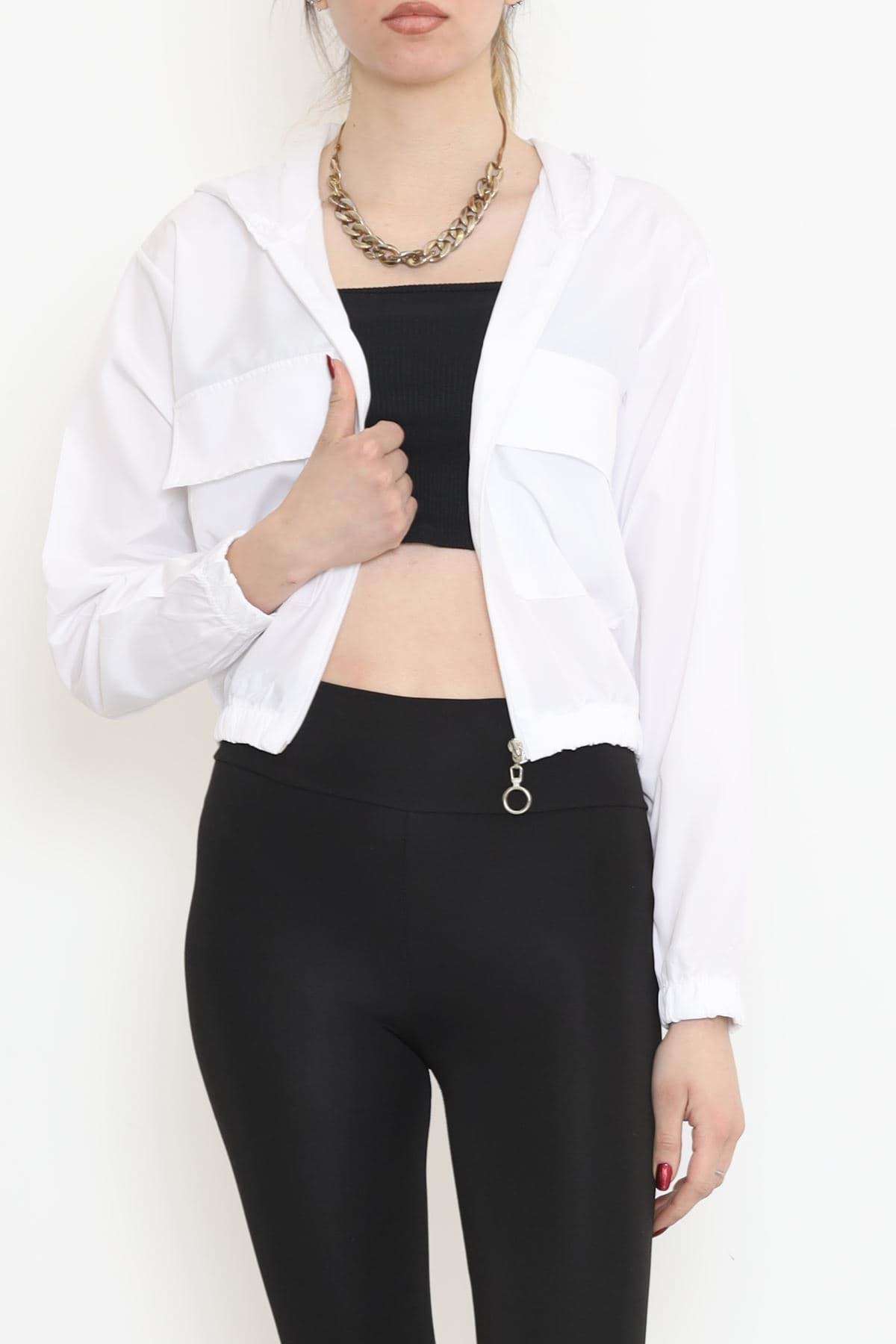 Çift Cepli Crop Yağmurluk Beyaz - 17743.1247. resmi